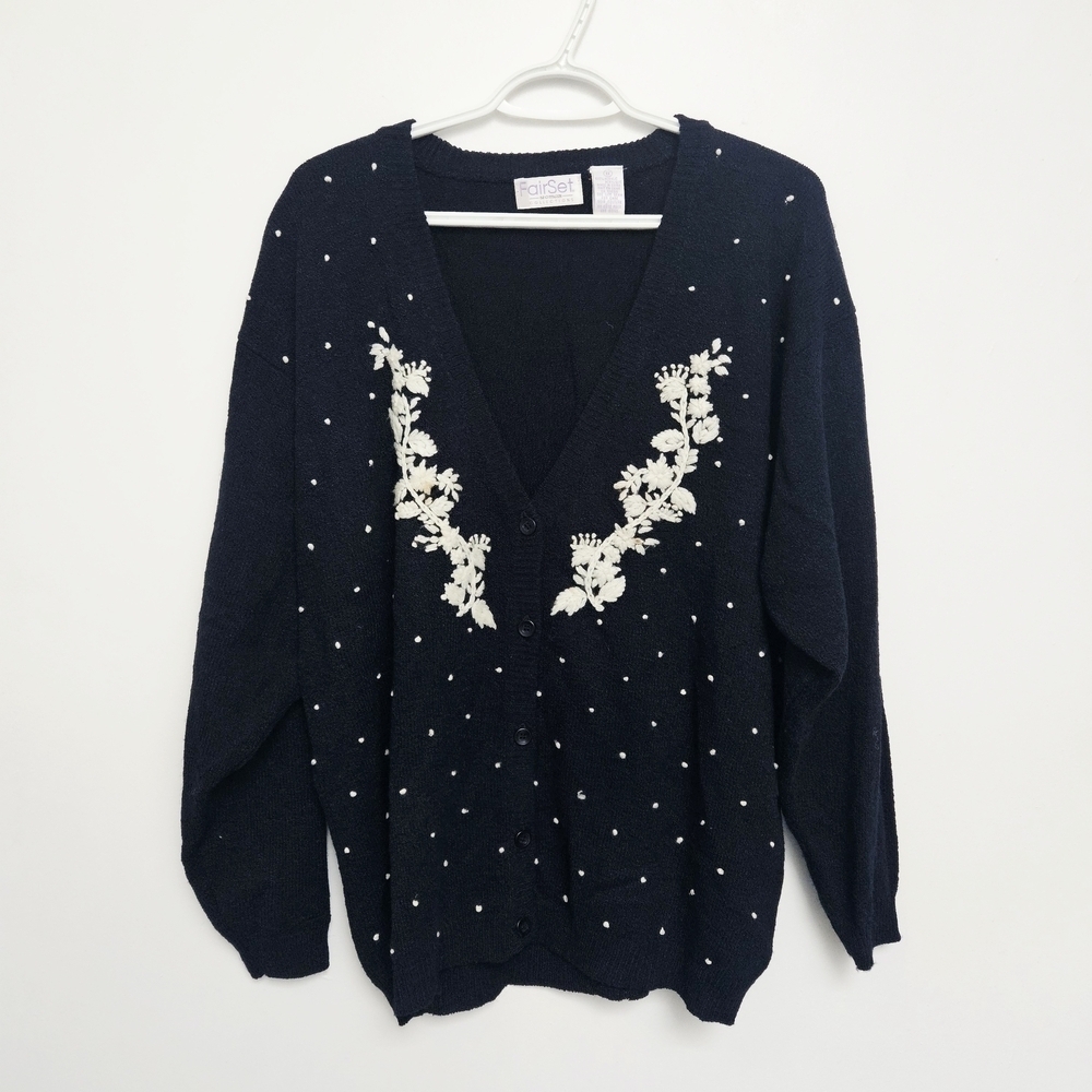 Vintage Fairset Sz XL Dark Navy Blue   Cream Floral Embroired Open Cardigan